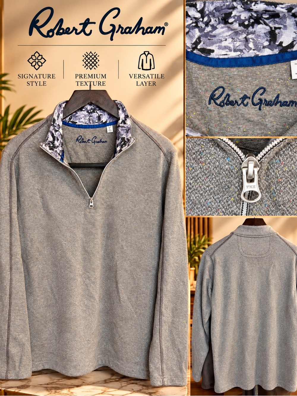 Robert Graham Men's Heather Gray Quarter-Zip Sweater with Patterned Collar Large